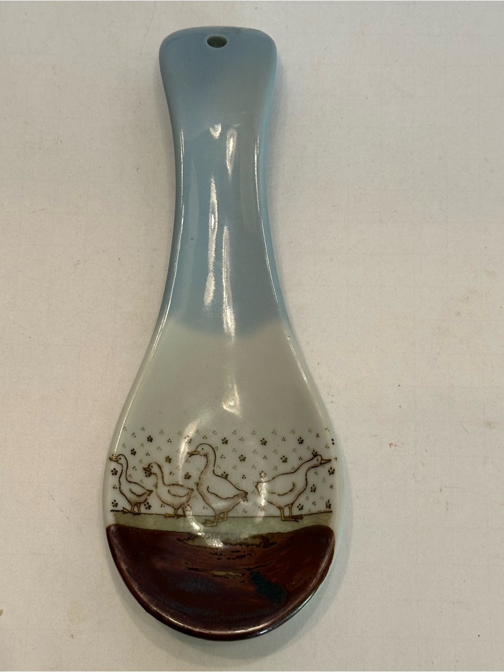 Otagiri Blue, White & Brown Ceramic Spoon Rest with Duck Design
